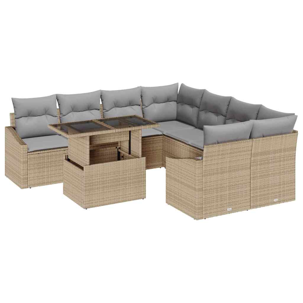 Garten-Sofa-Set mit Speicher 9 pcs Beige Poly Rattan